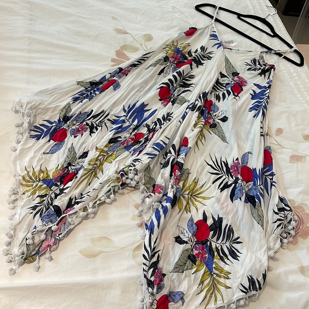 Women small Boho flower leaves slip on white dress with Pom Poms hem soft